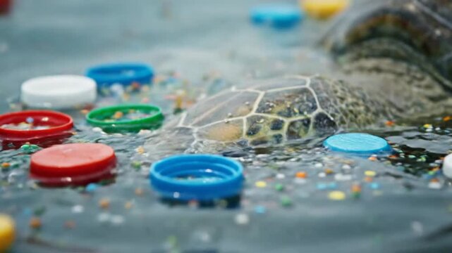Plastic waste entangled in fishing net on polluted ocean surface, viewed from above, highlighting environmental issue