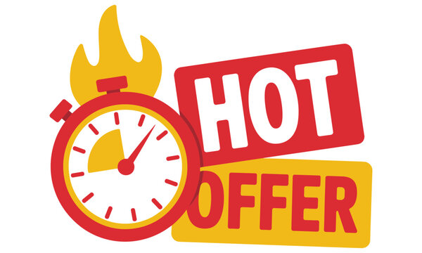 Limited time hot offer promotion with a stopwatch symbolizing urgency and a limited time deal available now for customers to grab.