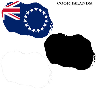 Cook Islands Country Maps Bundle with National Flag, Black Silhouette and Detailed Outline Contours