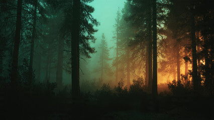 Obraz premium Mysterious forest scene with glowing amber light leak overlay at dusk viewed from a dark forest path