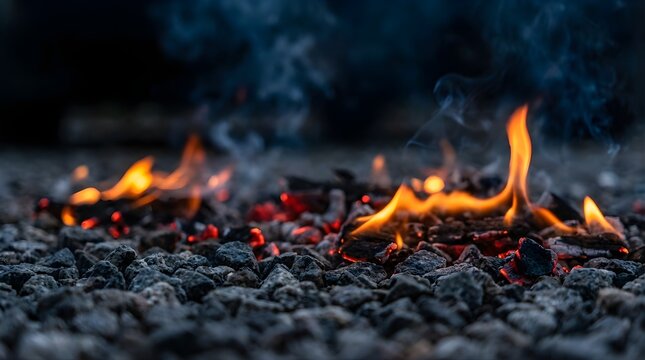 Close-up of smoldering embers and small flames glowing on dark charcoal, creating warmth and light in a low-light outdoor environment