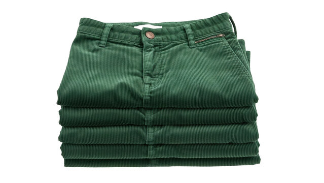 Isolated stack of trendy green corduroy pants or trousers for men and women fashion