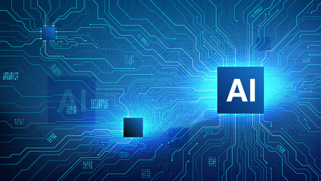 AI Processor Chip Glowing Circuit Board Multi-chip Dark Blue Technology Banner Vector