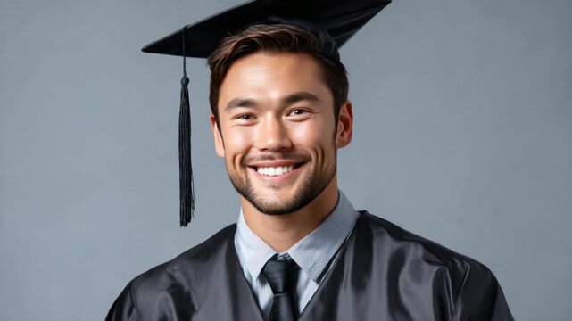 Graduation Portrait of a Scholar: A confident young scholar in cap and gown radiates joy, showcasing a bright smile as he celebrates the culmination of his educational journey.