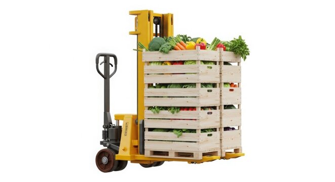 Industrial yellow pallet jack lifting wooden crates of fresh vegetables, warehouse forklift moving organic produce, food supply chain logistics isolated PNG with Transparent Background