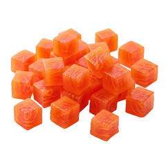 Diced vibrant orange cubes of carrot on transparent background