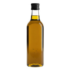 A bottle of golden yellow liquid with a black cap isolated on transparent background
