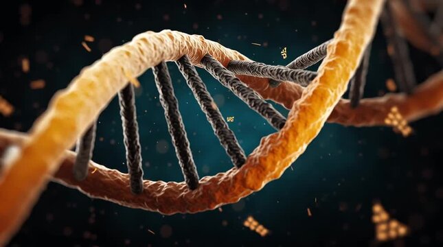 Genetic Code Unveiled: A detailed, artistic rendering of a DNA double helix, glowing with vibrant, warm hues against a dark, captivating backdrop.