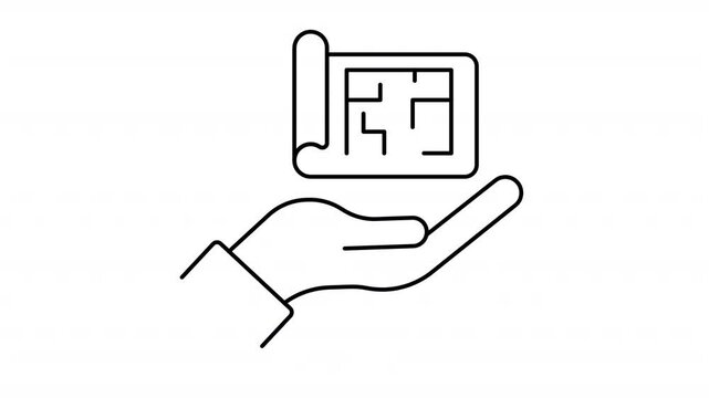Hand Holding Architectural Floor Plan Black Line Icon Animation Representing House Blueprint, Building Planning and Real Estate Project Concept on Transparent Background