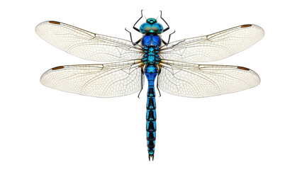 Isolated vibrant blue dragonfly spreading its intricate wings, an enchanting natural specimen © Fried