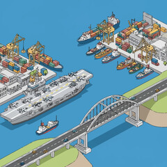 Isometric Illustration of Busy Commercial Seaport.