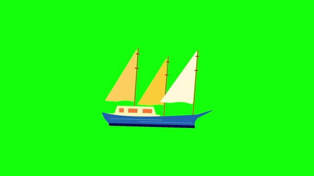 Looping 2D animation of a cute cartoon blue sailboat gently sailing on bright green chroma key background &mdash; boat rocking softly side to side, yellow and white sails fluttering in the wind.