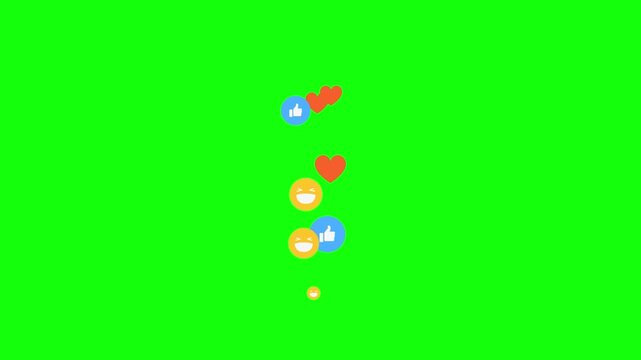 Looping 2D animation of social media reaction icons floating upward on bright green chroma key background &mdash; mix of blue Facebook Like thumbs, red hearts, and yellow laughing face emojis .