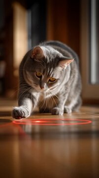 Cat's Playful Pursuit: A domestic cat fixates on a laser pointer's red dot on wooden floor, showcasing its hunting instincts and playful nature within a sunlit setting.