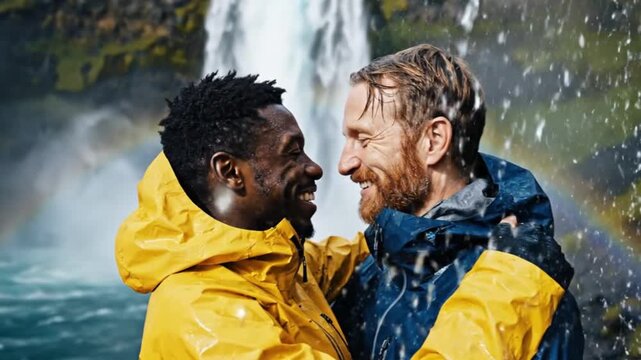 Ultra-realistic cinematic close-up of a black man and a white man embracing in front of a majestic waterfall in Iceland.