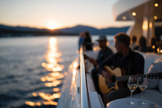 A serene scene on a yacht at sunset, capturing the essence of romance with music, wine, and good company, set against a breathtaking backdrop of water and hills.
