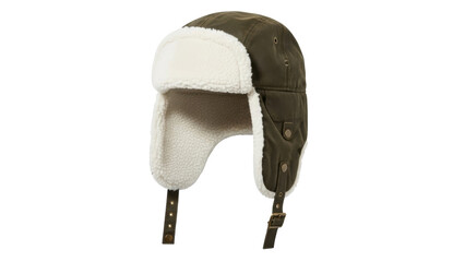 Isolated aviator style winter hat with ear flaps and buckle strap made from olive green fabric © Femke