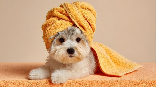 Tiny dog wears soft orange towel on head