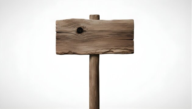 Rustic wooden signpost, weathered plank with natural texture, isolated on white background, vintage directional marker, outdoor signage, information board