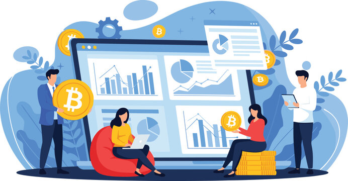 Cryptocurrency and financial data analysis concept with business people managing bitcoin coins around a large laptop computer screen.