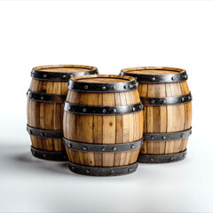 Fototapeta premium Wooden barrel whiskey barrel oak vintage rustic storage aged metal band brown white background create classic storage mood