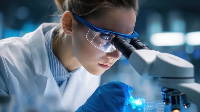 Scientist Observing a Microscope: A focused scientist, shielded by safety glasses, intently examines a sample through a microscope.