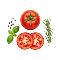 Fototapeta premium Fresh tomatoes and herbs arranged on a white background with peppercorns.