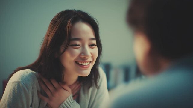 Heartfelt Connection: A young lady radiates warmth and happiness as she engages in a tender conversation, her genuine smile reflects a moment of pure bliss and connection. 