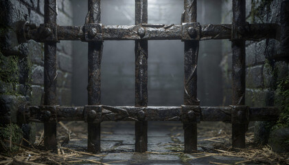 Ancient Weathered Iron Gate Securing a Dark, Atmospheric Fortification, Evoking Mystery and Historical Intrigue in a Gritty, Forgotten Dungeon Setting