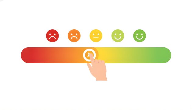 Customer satisfaction survey showing a hand sliding pointer on scale from sad to happy emoticons, representing different levels of feedback or emotional response