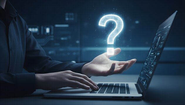 Question mark hovering over open palm, person typing on laptop, abstract technology background, digital information, concept of inquiry and research