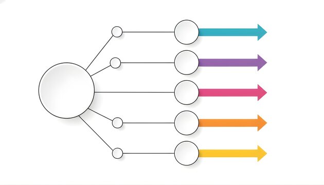 Professional infographic template features five horizontal colored arrows with circular nodes connected to a central base circle on white background for business presentations and process workflow