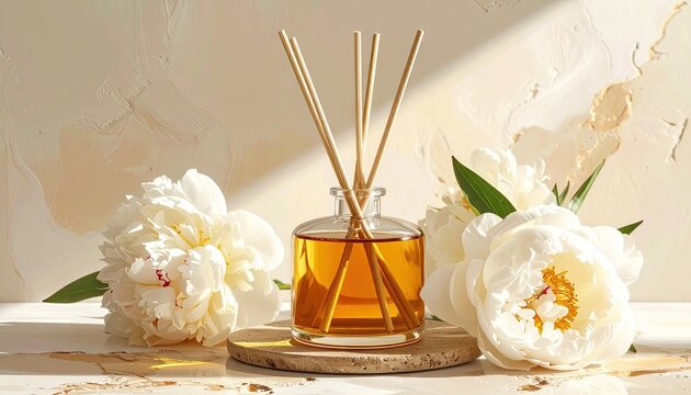 Still life composition featuring an aroma diffuser with reeds, flowers, and natural lighting