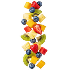 Falling assorted fresh fruit pieces with water drops on transparent background