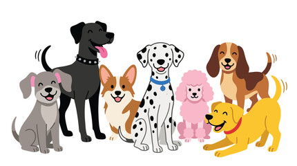 A group of happy diverse cartoon dogs smiling on a white background