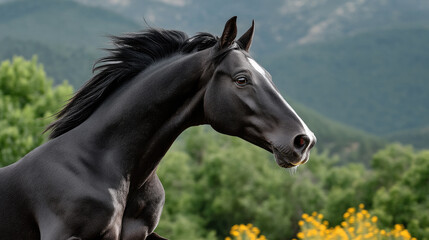 Fototapeta premium Black horse side view glossy coat muscular outdoor nature mountain green yellow flower alert expression