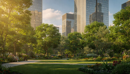 Fototapeta premium Vibrant urban park with lush green trees and manicured lawns, modern high-rise buildings in the sunny background, tranquil outdoor scene for relaxation and nature connection