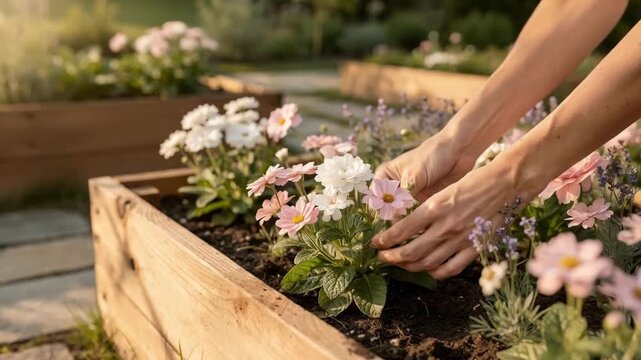 Focused medium shot of hands touching fragrant flowers in a raised planter within a tranquil outdoor therapeutic garden background plants gently blurred for depth.