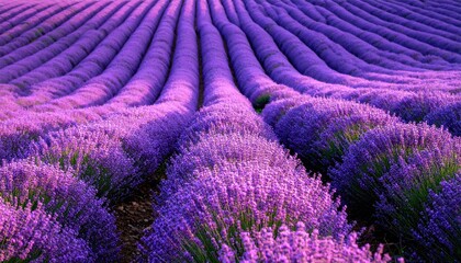 Obraz premium Purple lavender field in rows, blooming in sunlight, peaceful scenery for beauty or wellness