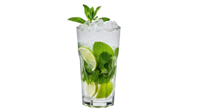 Isolated mojito glass, refreshing beverage, rum, lime, mint and crushed ice summer cocktail
