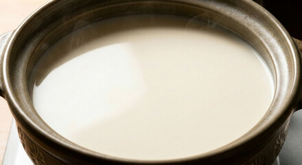 Rich and creamy fresh soy milk in a traditional Japanese clay pot, preparation for making yuba tofu skin