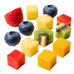 Assorted fresh fruit pieces with water drops on transparent background