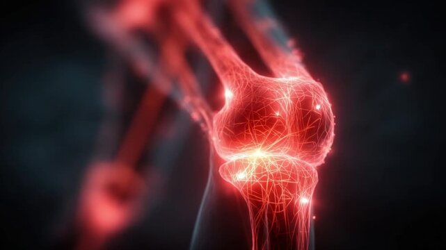 The Human Knee Joint in Pain: An abstract, artistic representation of a human knee joint glowing with intense red, highlighting areas of pain and inflammation.