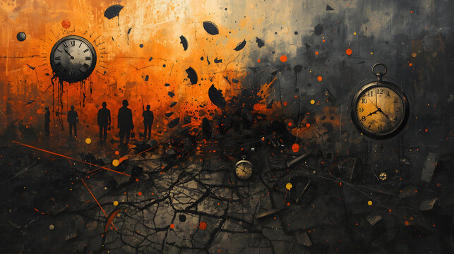 Surreal depiction of fragmented time and existential dread with silhouettes of people amidst a chaotic, fiery landscape.