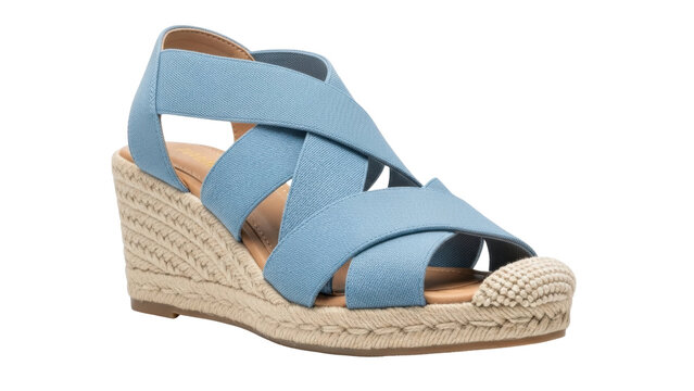 Isolated wedge sandals for woman fashion, sky blue open toe shoes with woven design espadrilles