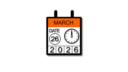 4K calendar illustration March 26 date 2026 illustration . black background clean and stunning 4k illustration.