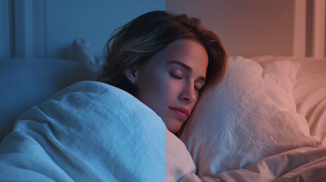 premium split composition showing deep sleep vs morning light, beautiful woman sleeping peacefully in bed with dual lighting effect, concept of transition from night rest to waking up in warm sunlight