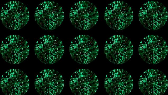 Array of fifteen meticulously crafted emerald-green gemstone facets on a stark black background.