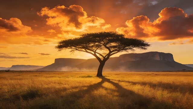 Vast Golden Llanos Savanna Plains Venezuela Sunset Endless Grasslands Scattered Moriche Palms Distant Tepui Horizon