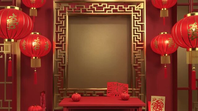 A festive room decorated with red lanterns, a large ornate frame, and traditional elements for a celebration